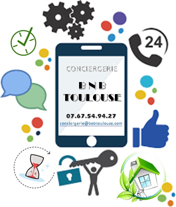 Conciergerie BNB TOULOUSE - Logo Gestion locative - Conciergerie Airbnb - Conciergerie Booking Nord Toulouse Ouvert 7/7j et 24/24h 07.67.54.94.27 conciergerie@bnbtoulouse.com